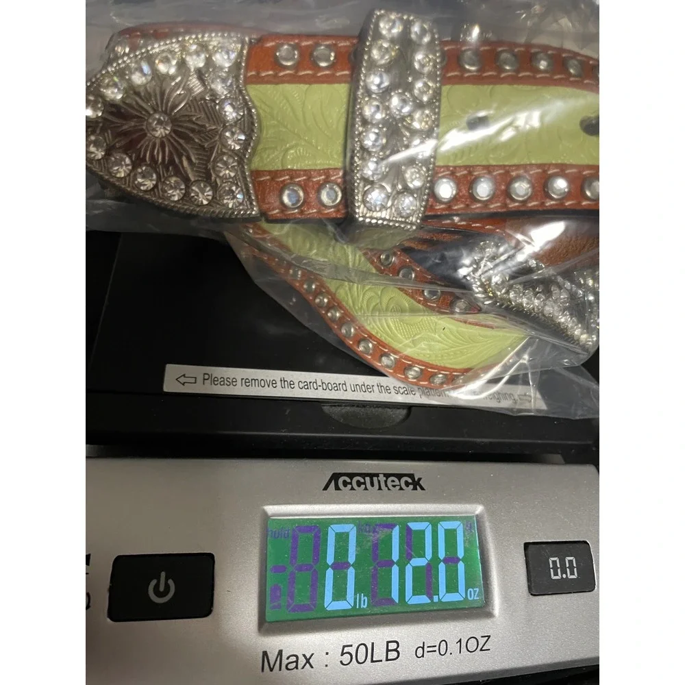 3D Belt Company Lime/Brown Geunine Leather Rhinestone Westen Belt Girls Youth L